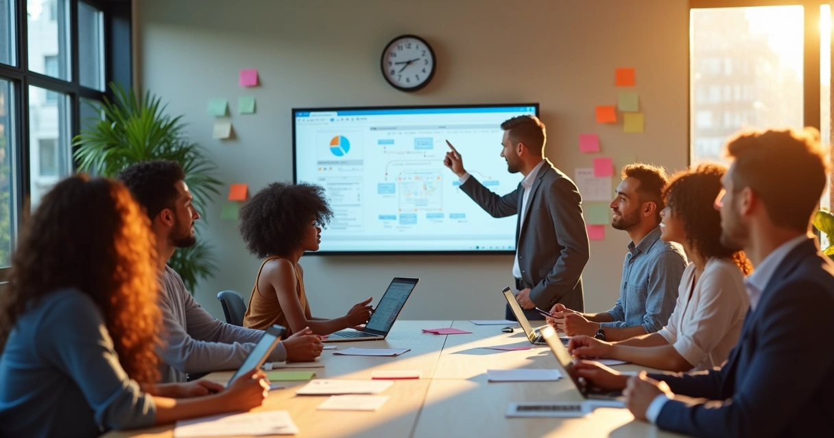 Equipe reunida desenhando um roadmap em mural digital e computadores