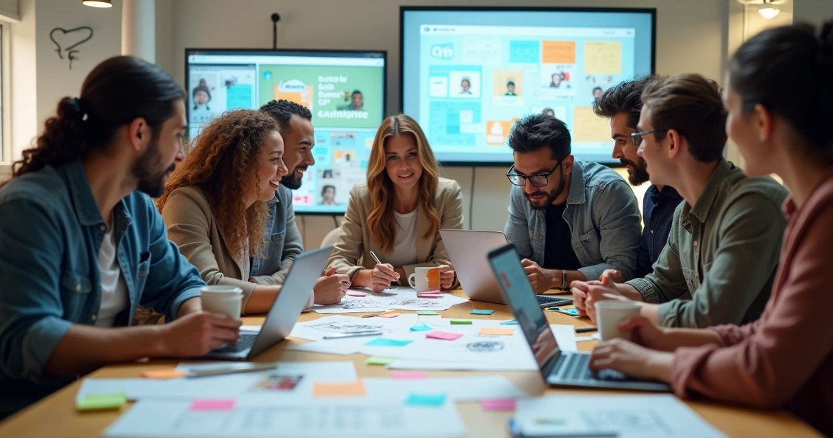 Equipe de marketing digital em reunião criando campanha humanizada 