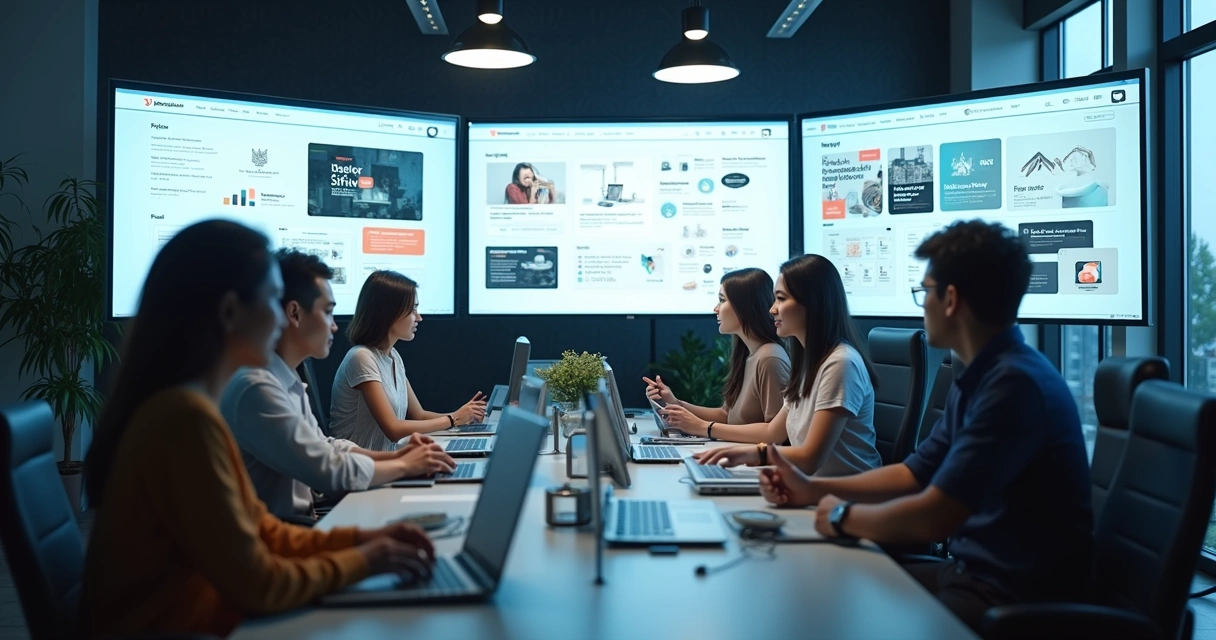 Time criativo trabalhando de forma colaborativa em computadores 