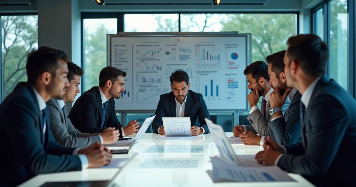Time de marketing estudando gráficos em reunião sobre crise 
