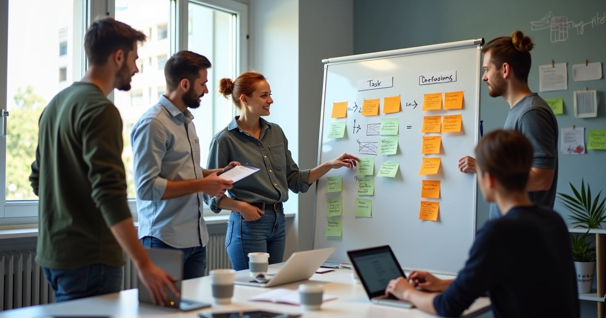 Time cross-funcional discutindo ideias em uma sala com quadro branco 