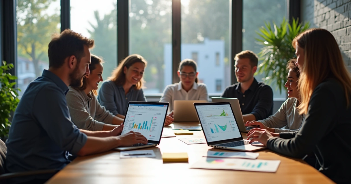 Equipe de CS e vendas analisando dados do CRM em laptops em uma mesa de reunião