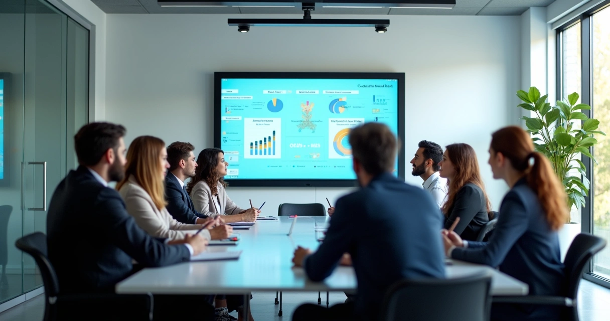 Equipe reunida em sala analisando gráficos de clientes