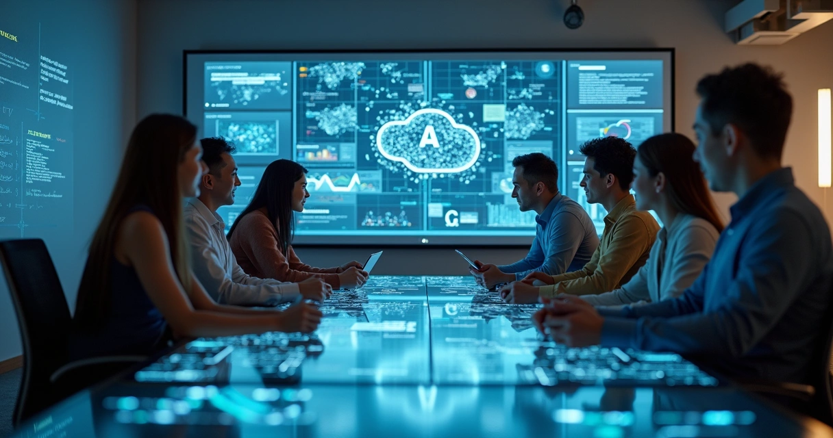 Equipe de projeto de IA analisando dados em telas digitais 