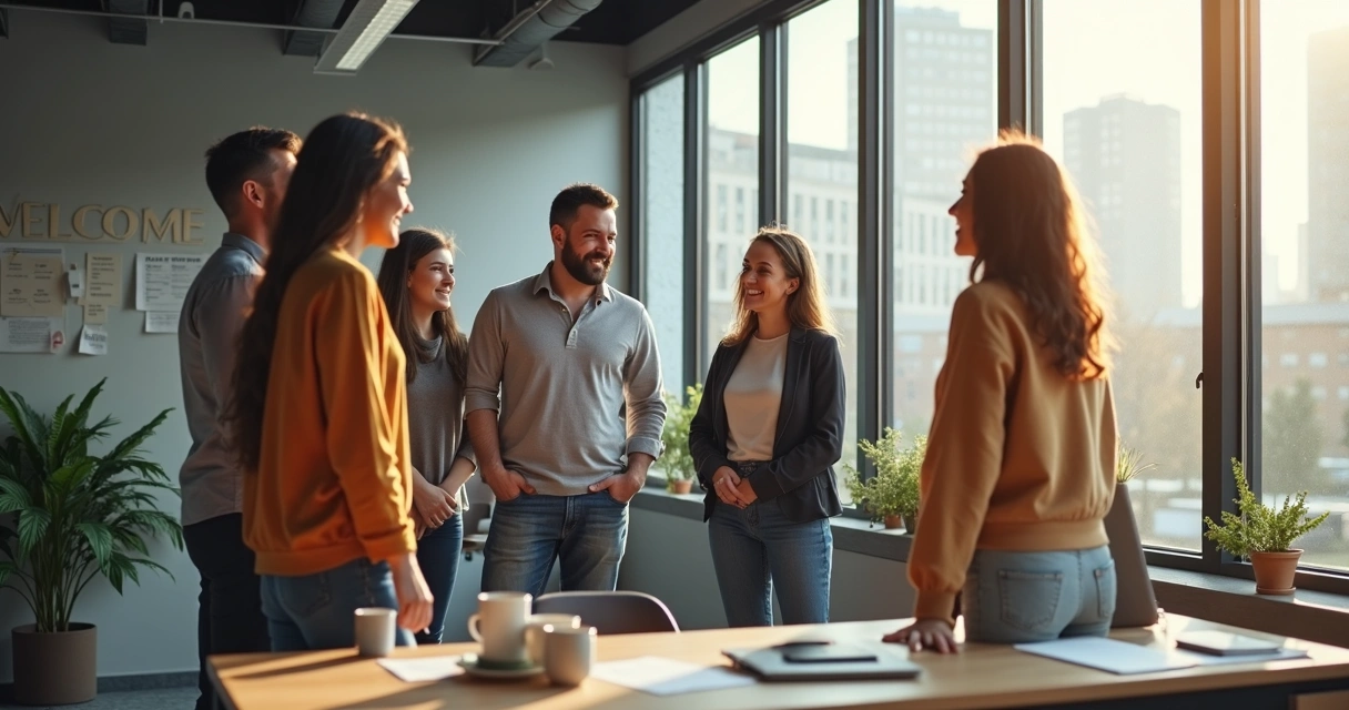 Equipe cumprimentando novo funcionário em escritório 