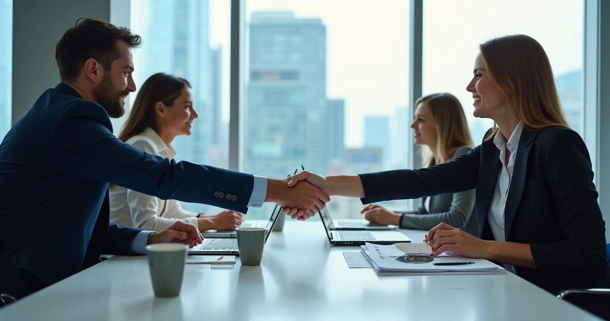 Reunião de equipe diversa, dois times corporativos se cumprimentando com fundo de escritório moderno