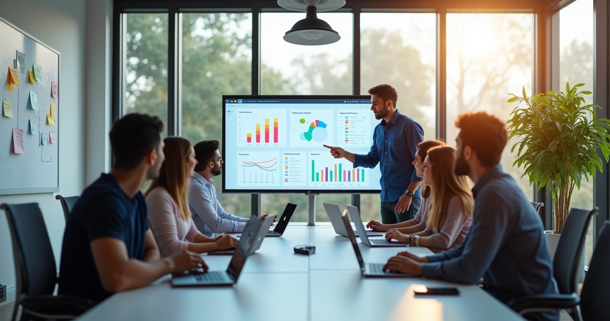 Equipe de marketing reunida em escritório moderno colaborando em campanha digital 