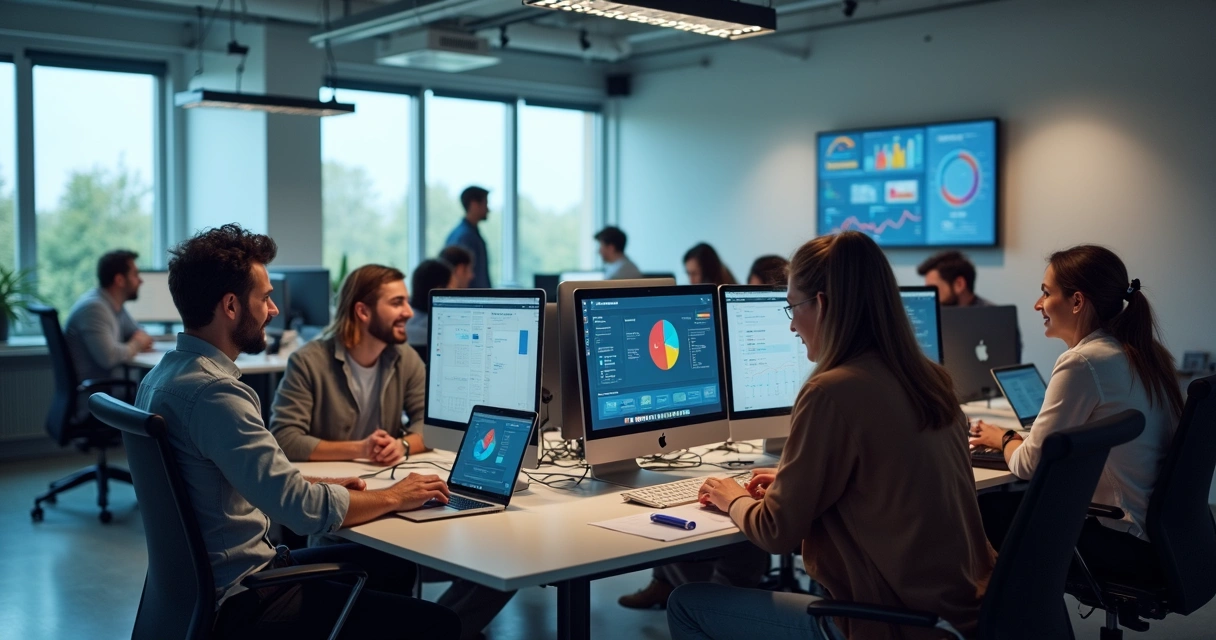 Equipe de marketing digital trabalhando em ambiente colaborativo 