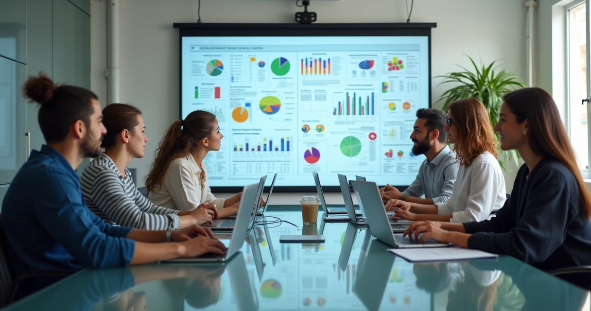 Time de marketing reunido debatendo estratégias em uma sala moderna 