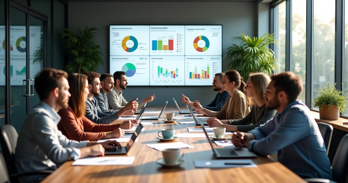 Equipe de negócios em reunião discutindo estratégias e resultados com gráficos e laptops em uma sala moderna 
