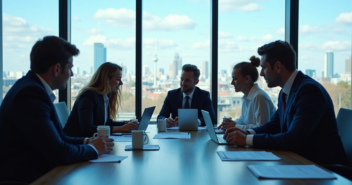 Equipe de profissionais de marketing reunida em mesa de trabalho na Alemanha 