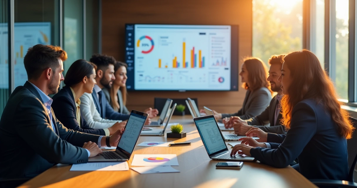 Equipe profissional em sala de reunião analisando dados em notebooks 