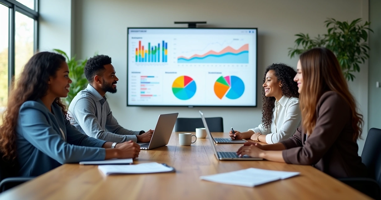 Equipe de SDRs trabalhando junta em escritório moderno com laptops e gráficos na tela 