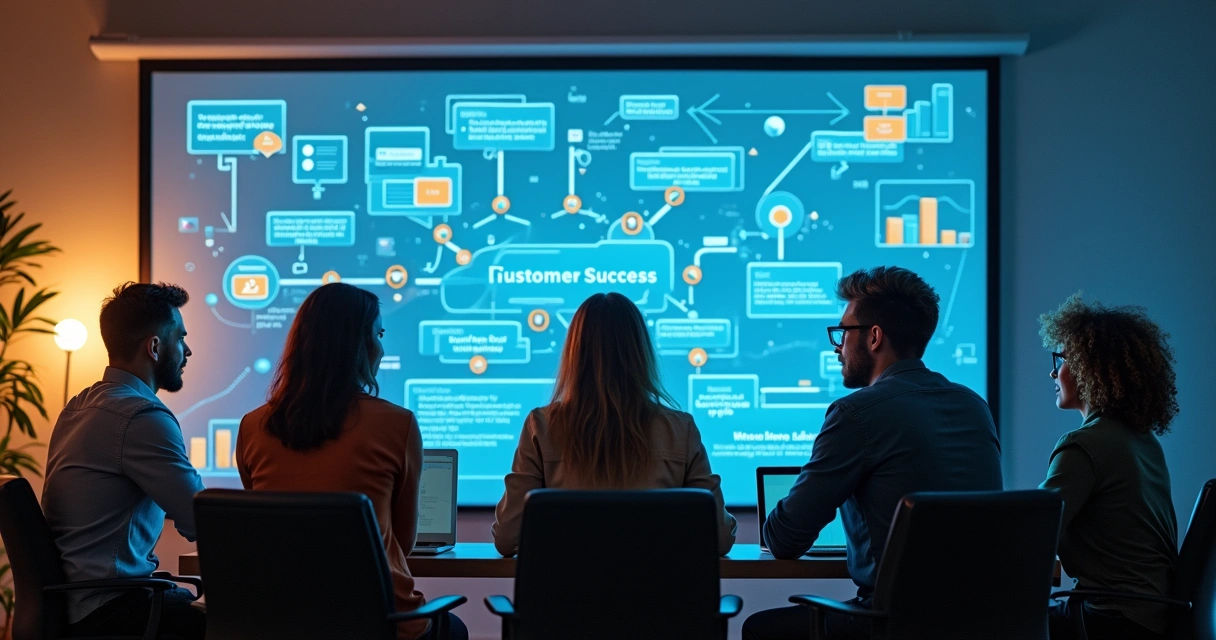 Equipe de sucesso do cliente reunida ao redor de um quadro digital com fluxos de automação 