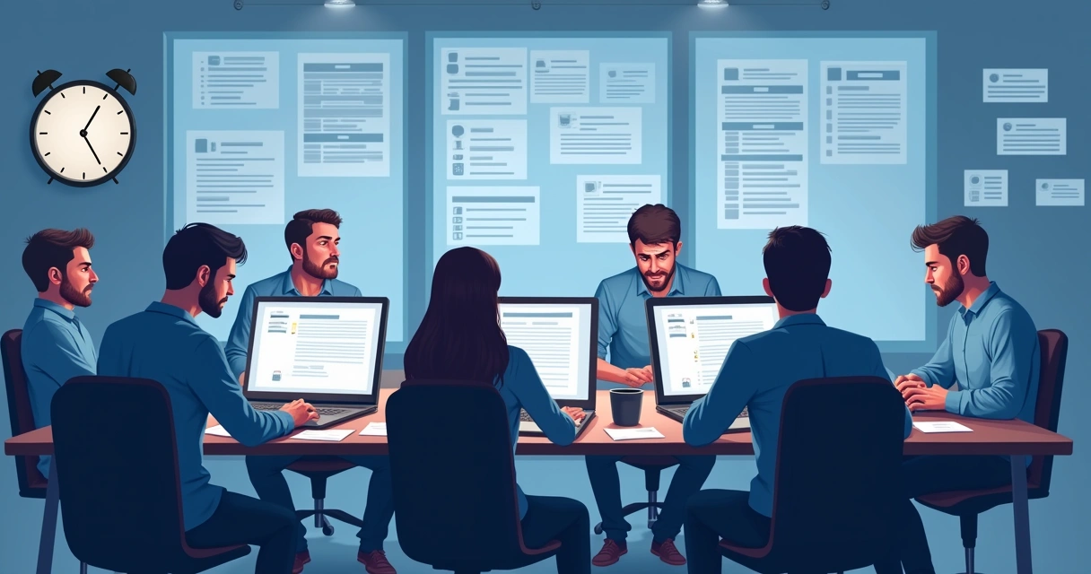 Desenvolvedores em volta de uma mesa, aparentando cansaço, computadores ligados. 