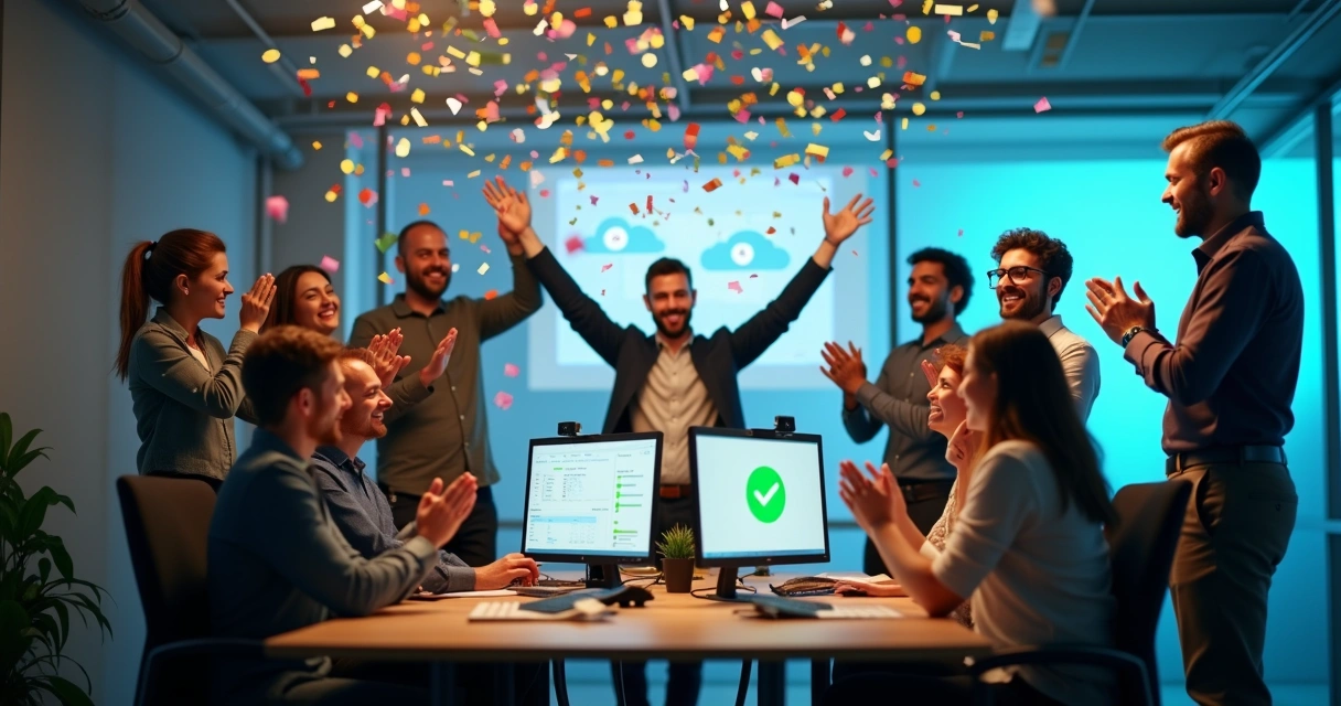 Equipe de TI comemorando sucesso de migração de nuvem