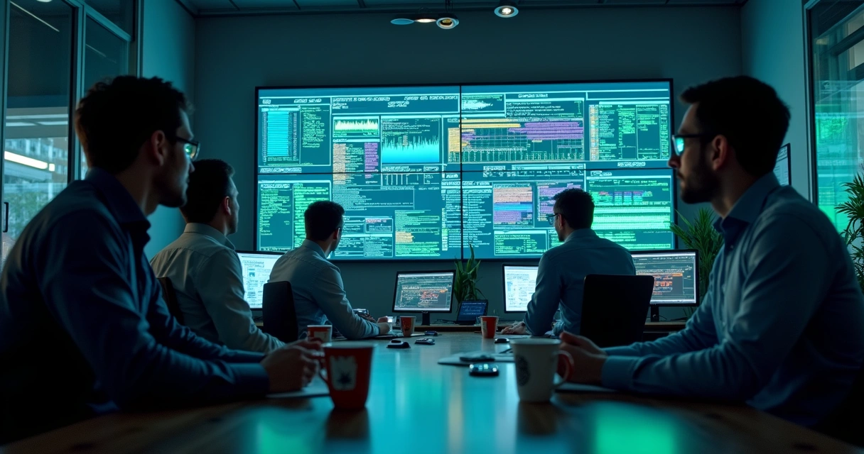 Equipe de TI reunida analisando monitor com logs