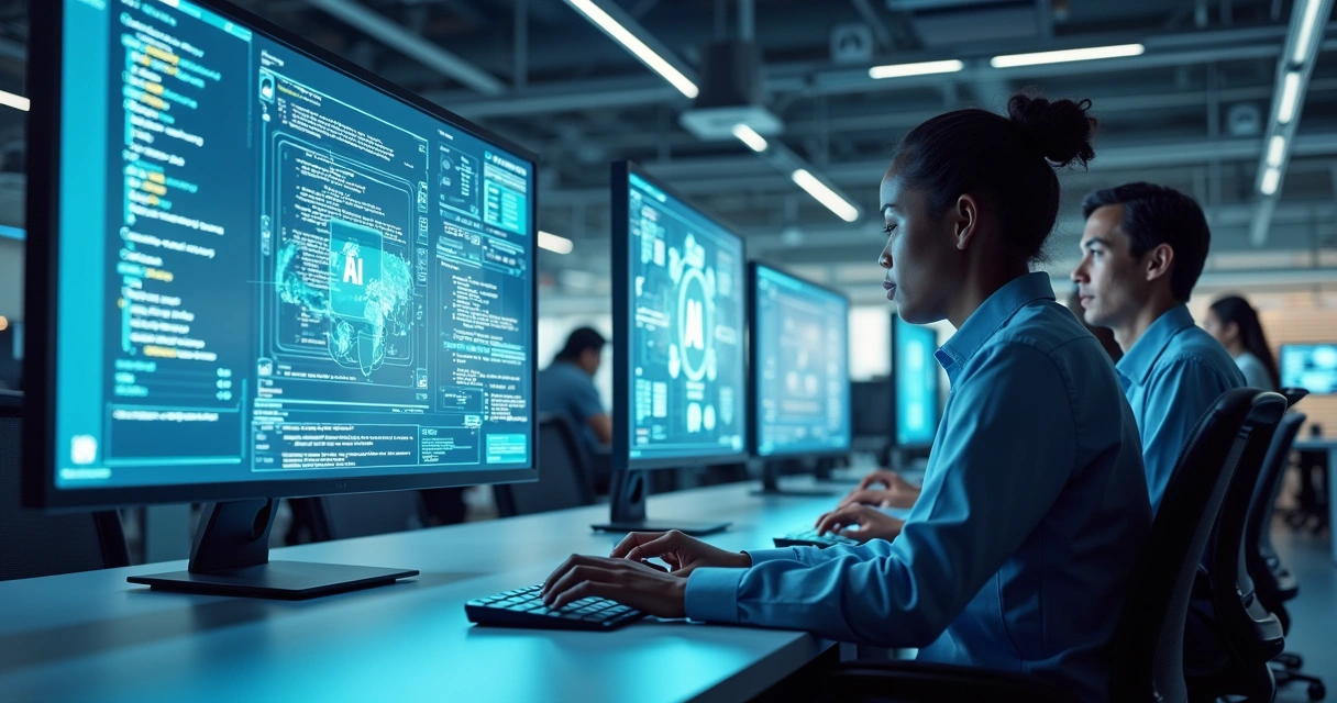 Equipe de TI utilizando telas com gráficos de IA e código em ambiente moderno e iluminado 