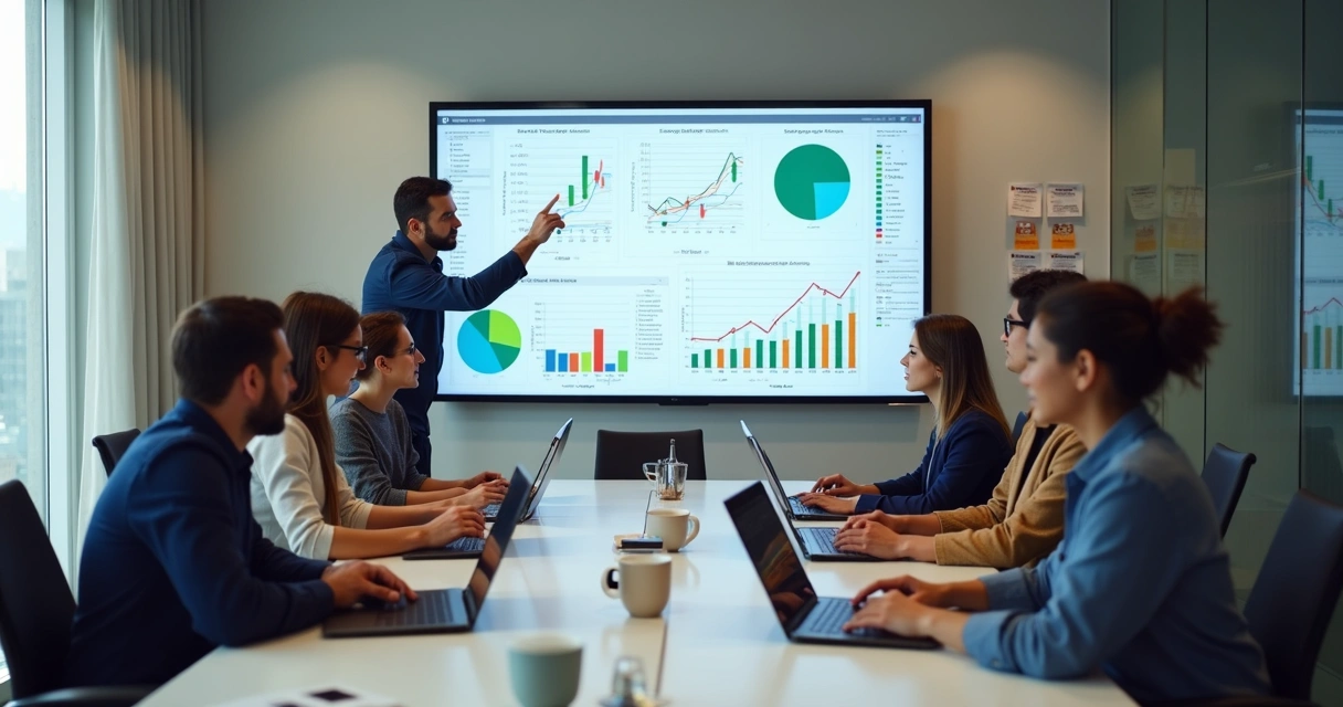 Equipe de vendas analisa gráficos de liderança no escritório 
