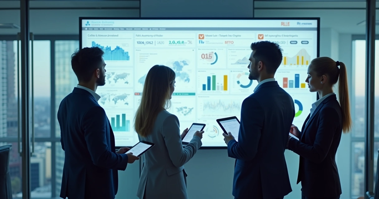 Equipe comercial analisando dados e gráficos de vendas em tela de CRM automatizado 