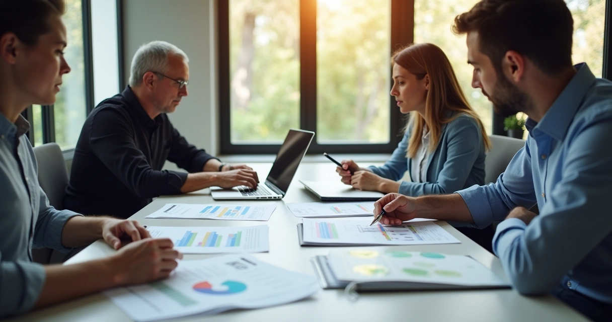 Equipe de vendas reunida analisando relatório de comissão 