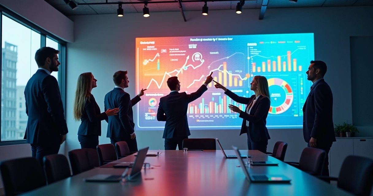 Equipes de vendas analisando dados em telão no escritório 