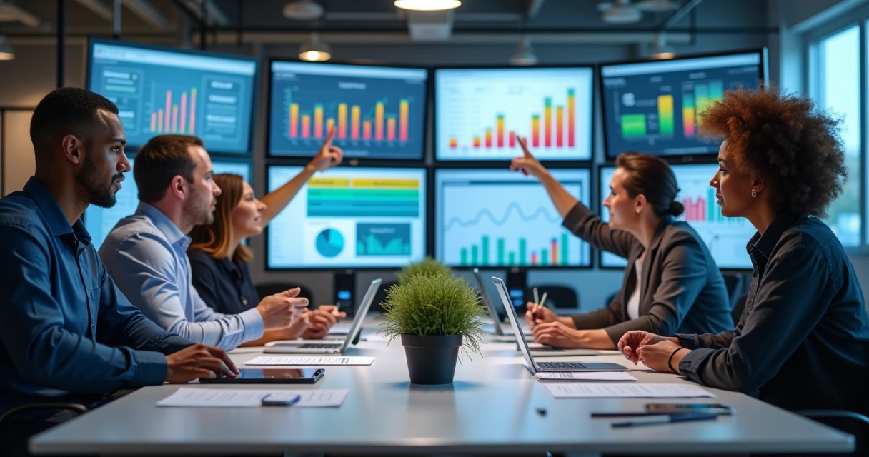 Equipe de vendas observando dashboards de dados em monitores grandes 