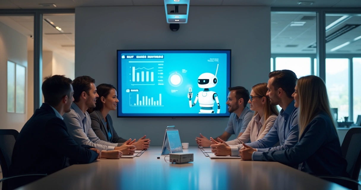 Equipe de vendas com chatbot em reunião 