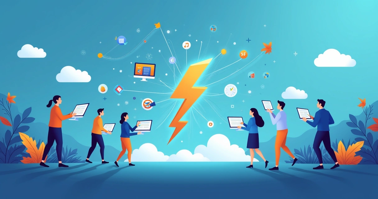 Equipe de vendas e itens simbólicos de SaaS interagindo 