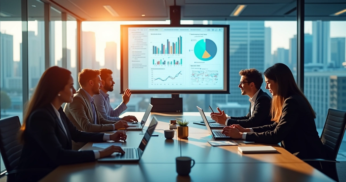 Indicadores para avaliar inteligência de dados em vendas em Fintech 5 Equipe de vendas de fintech em reunião estratégica