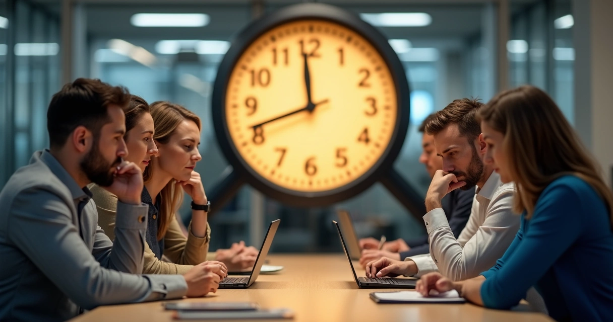 Equipe de vendas olhando para um celular, expressão de preocupação, relógio ao fundo marcando tempo corrido 