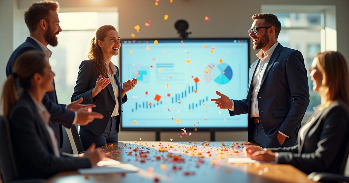 Equipe de vendas celebrando após fechar negócio com auxílio de software digital 