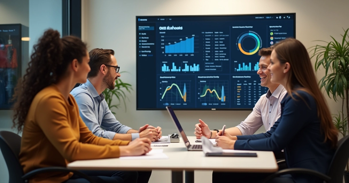 Equipe de vendas de loja de moda reunida em sala, olhando gráficos