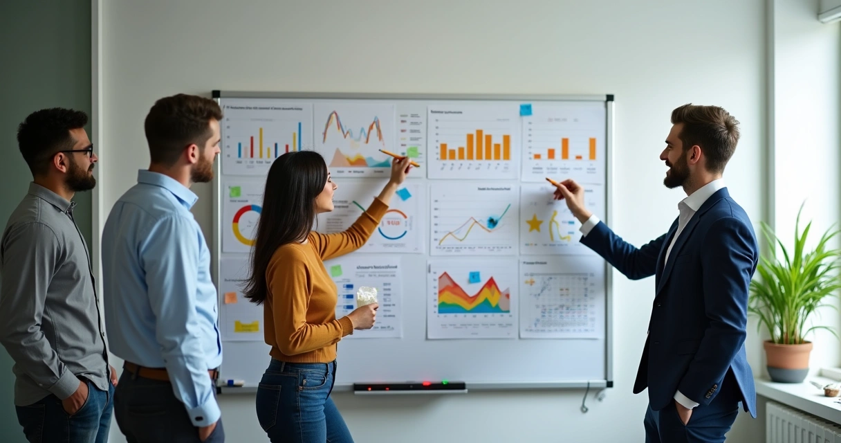 Equipe de vendas planejando resultados em quadro branco 