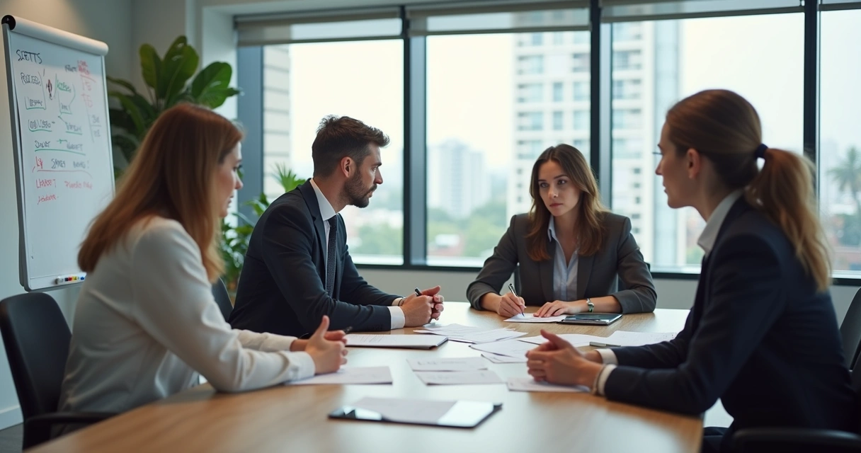 Equipe de vendas em sala de reunião, cada profissional olhando para direções diferentes. 