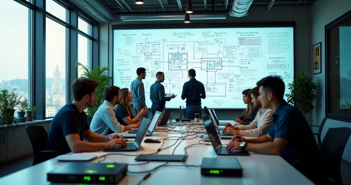 Desenvolvedores reunidos em laboratório de tecnologia