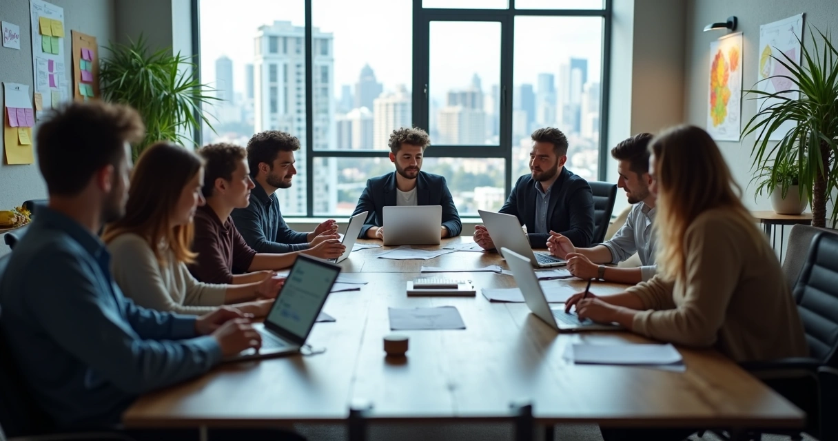 Equipe de desenvolvedores e designers em reunião de criação de site 