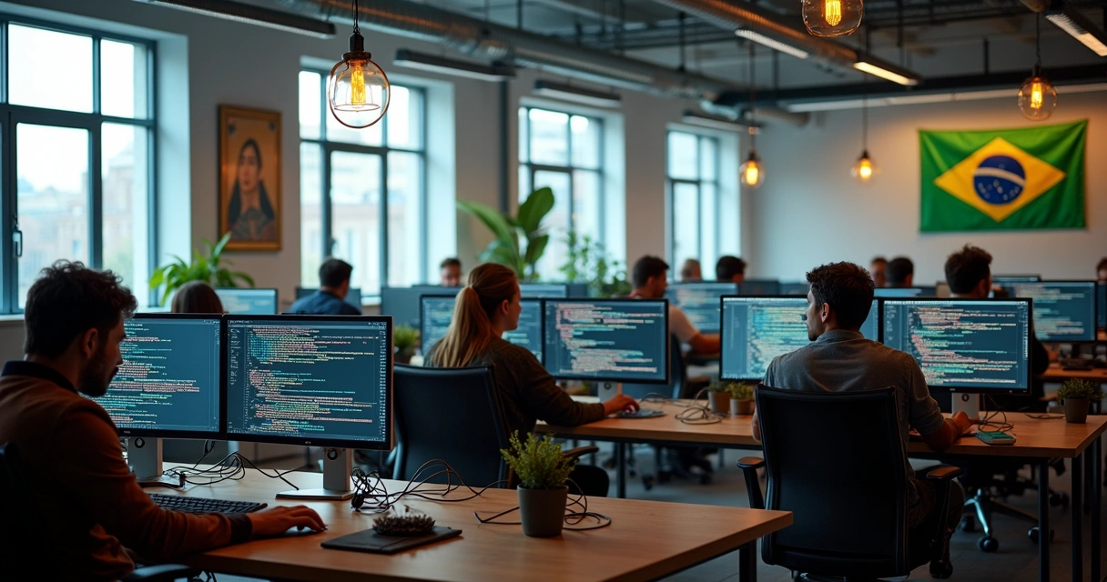 Desenvolvedores em equipe programando em computadores 