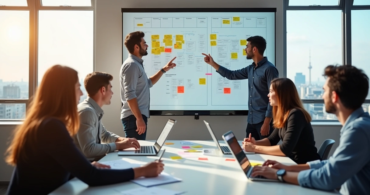 Equipe de desenvolvedores em reunião de planejamento 