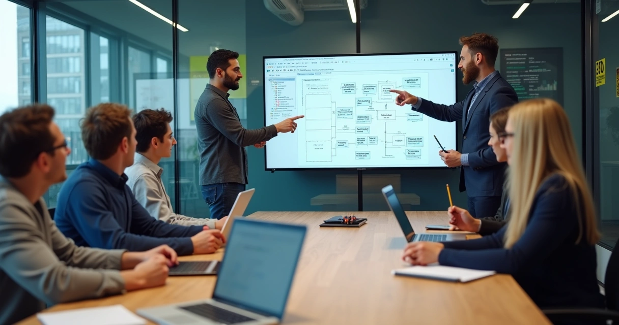 Equipe de desenvolvedores analisando requisitos de um sistema personalizado em um escritório moderno 