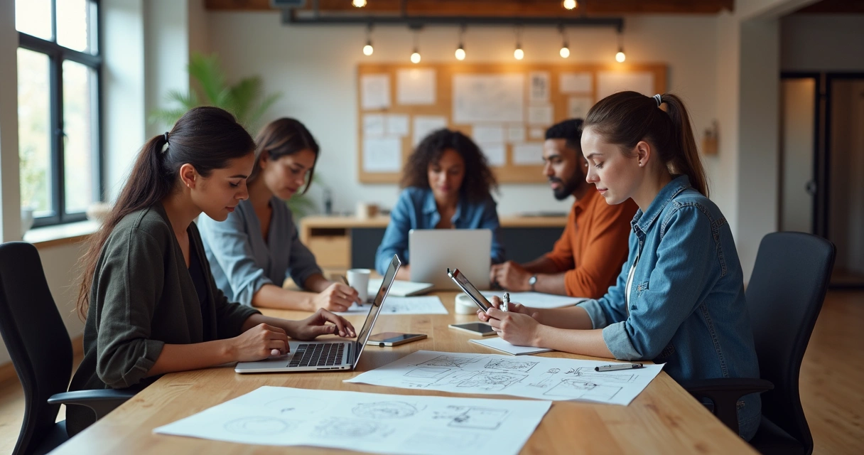 Equipe de design trabalhando juntos em site mobile em um escritório moderno