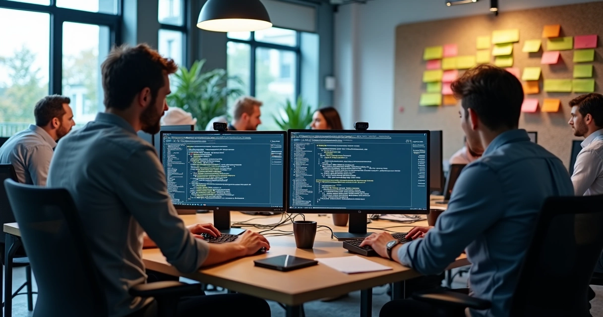 Desenvolvedores trabalhando juntos em várias telas 