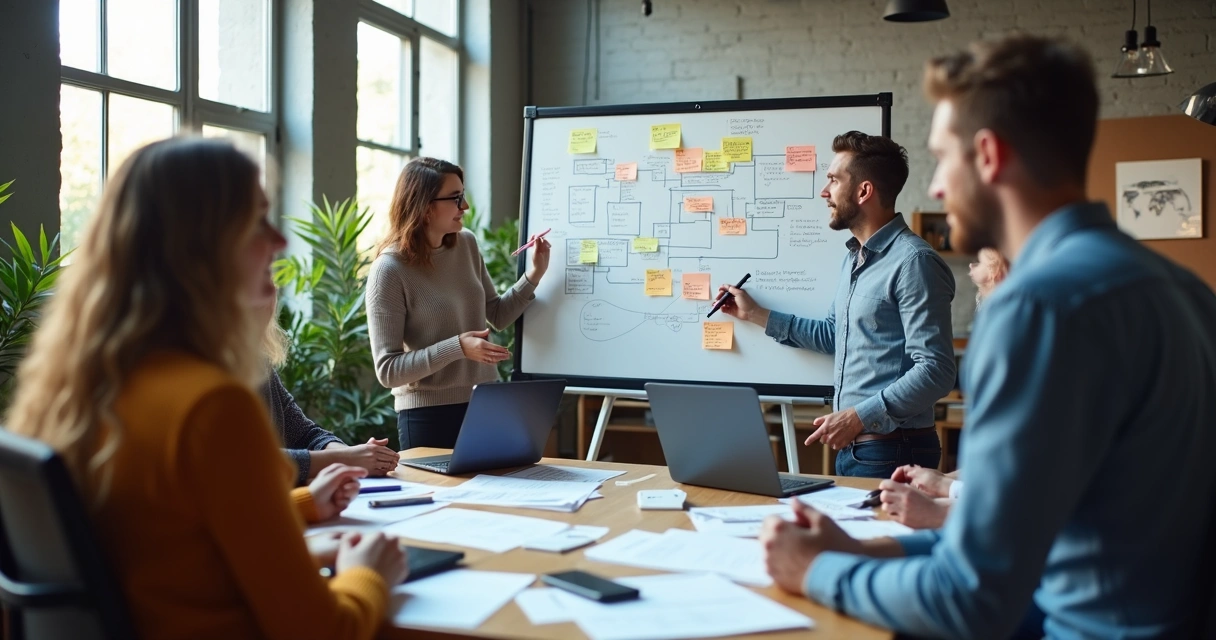 Equipe reunida discutindo a arquitetura de aplicativos no quadro branco