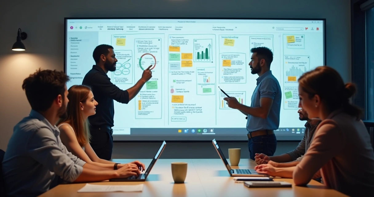 Equipe de tecnologia reunida em volta de uma lousa digital discutindo funcionalidades do MVP 