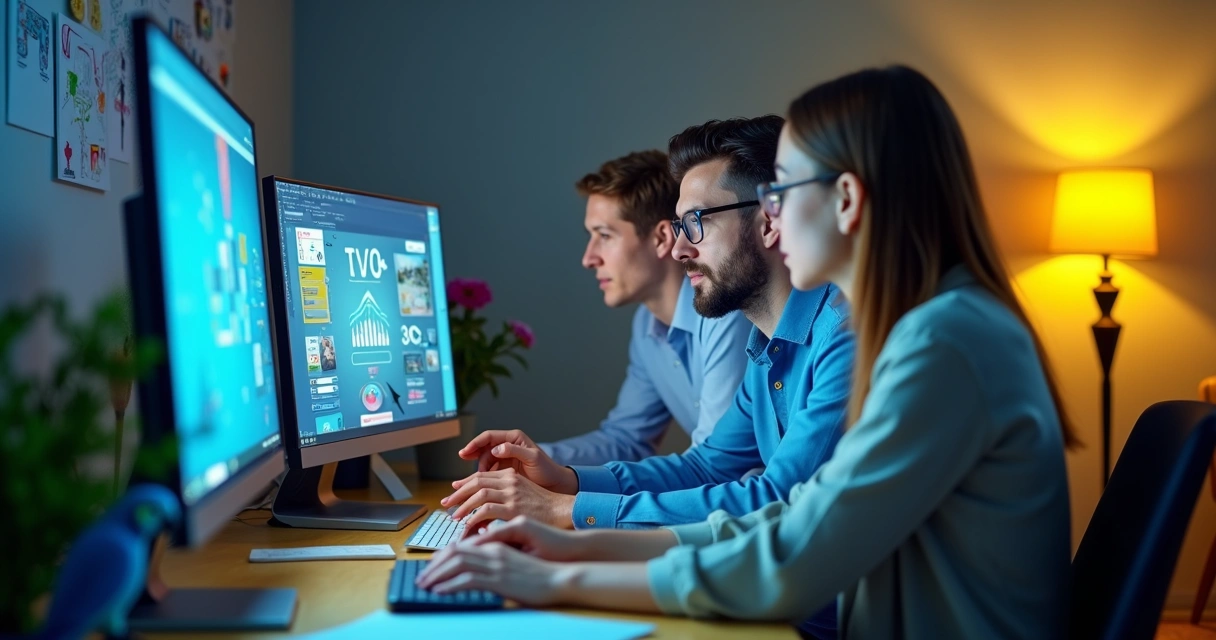 Profissionais colaborando em computador na criação de sistema no-code 