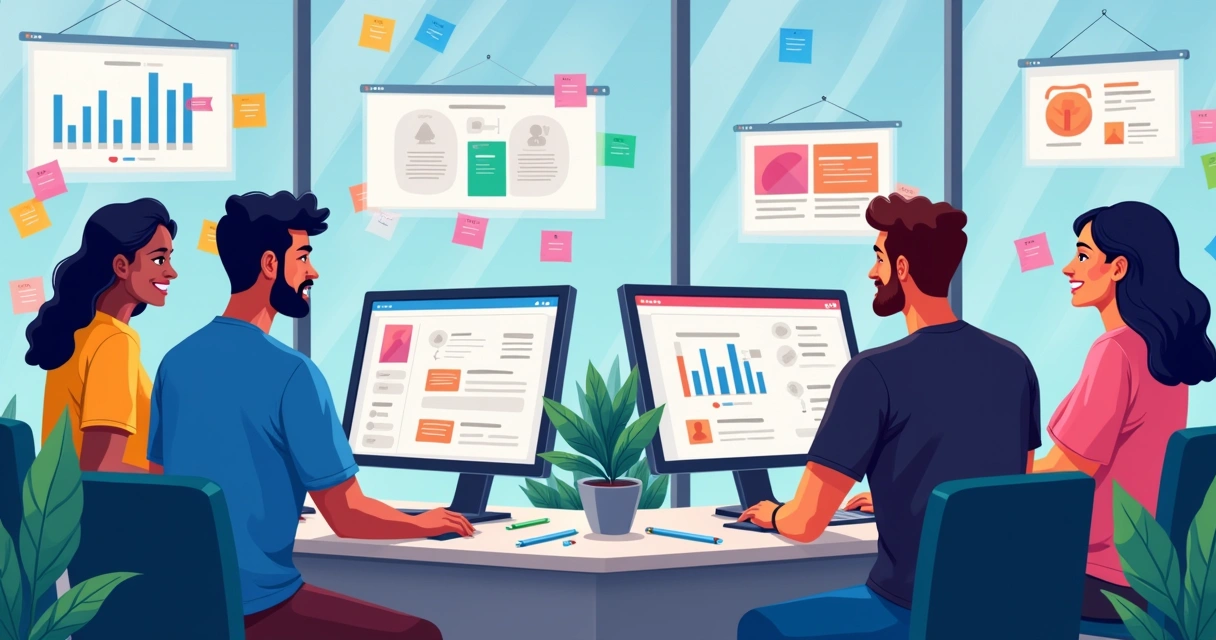 Equipe de desenvolvimento trabalhando em um projeto de no-code com quadros coloridos ao fundo. 