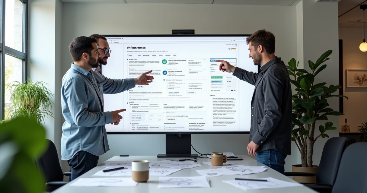 Equipe de desenvolvimento discutindo site WordPress em monitor grande 