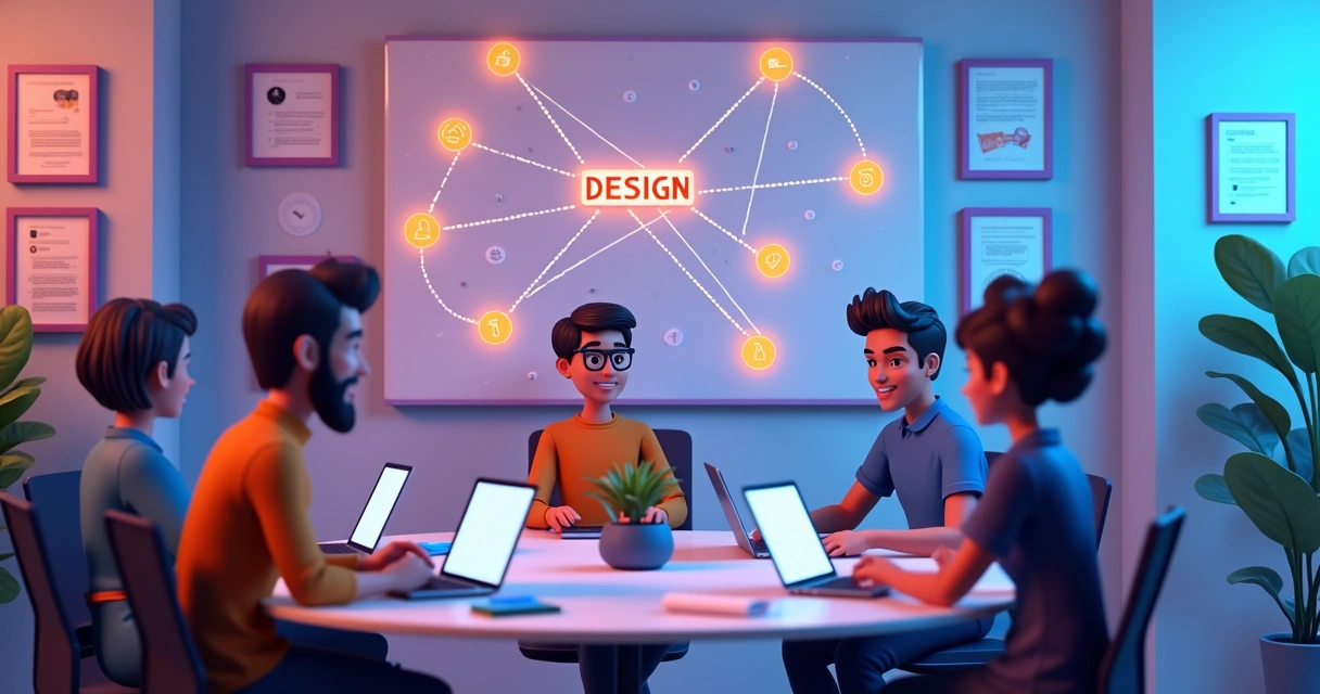 Equipe de designers trabalhando com painel automatizado de design 