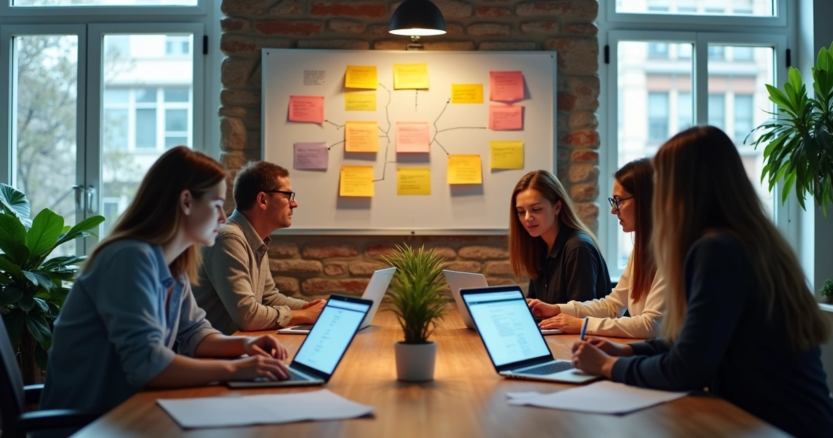 Equipe de design e tecnologia trabalhando junta em escritório moderno com telas e quadros de fluxo 