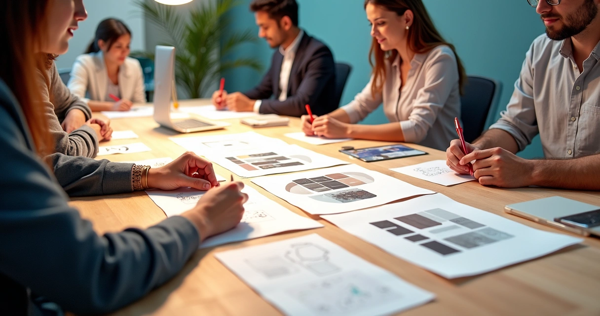 Equipe desenvolvendo design personalizado em quadros e computadores 